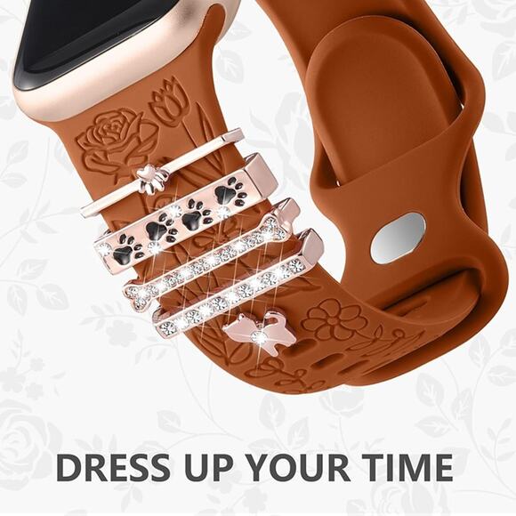 Flower Engraved Band Compatible with Apple Watch Bands for Women RedBrown Band - Picture 3 of 6